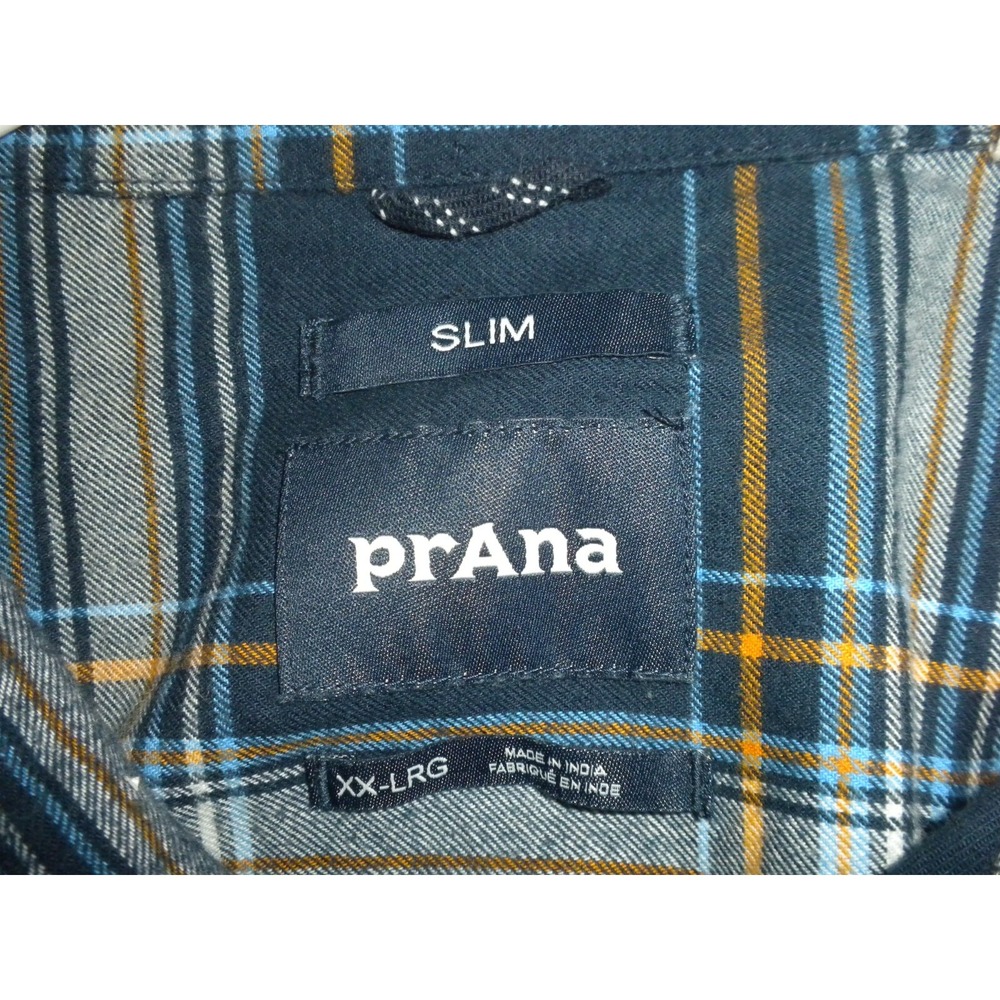 Prana Shirt Mens XXL Blue Los Feliz Flannel Slim Fit Plaid Button Up Mid Weight‎ - Picture 6 of 13